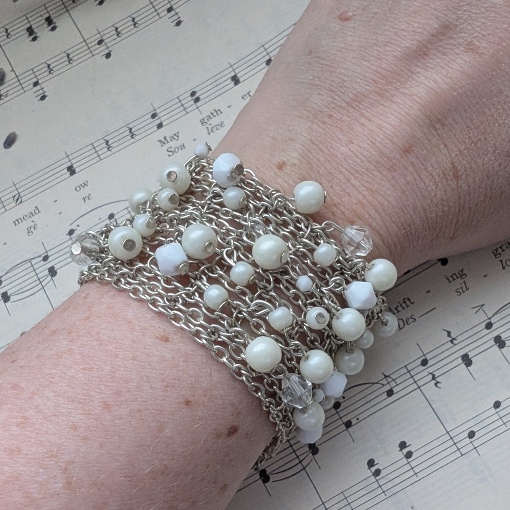 Silver and White Beaded Bracelet